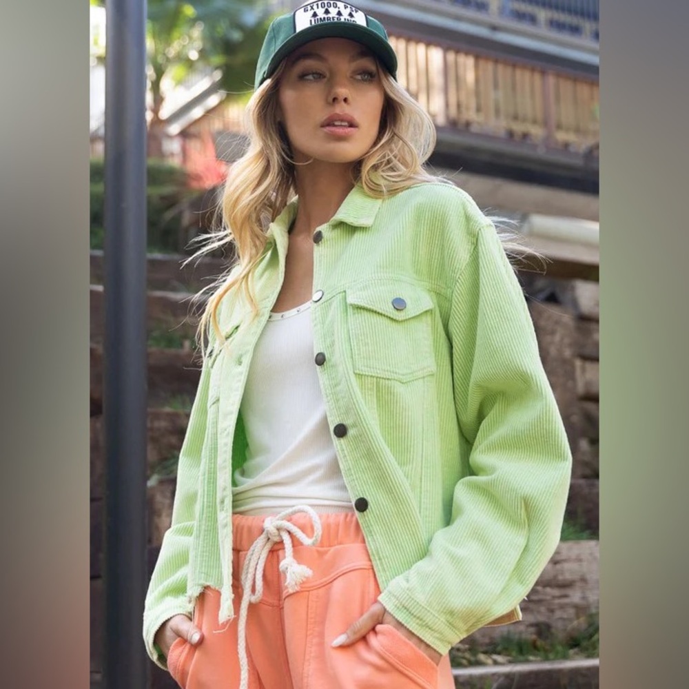 New! POL Lime Corduroy Distressed Hem Jacket